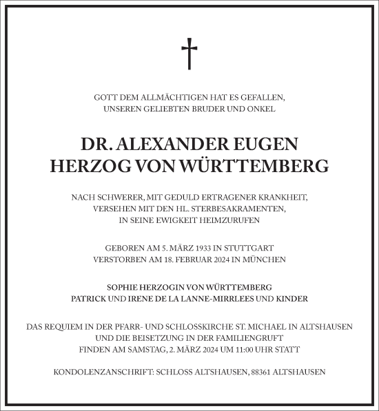 Traueranzeige von Alexander Eugen Herzog von Württemberg von Frankfurter Allgemeine Zeitung