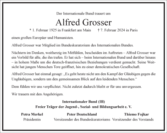 Traueranzeige von Alfred Grosser von Frankfurter Allgemeine Zeitung