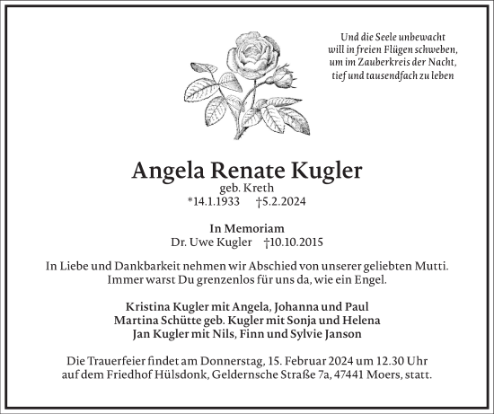 Traueranzeige von Angela Renate Kugler von Frankfurter Allgemeine Zeitung