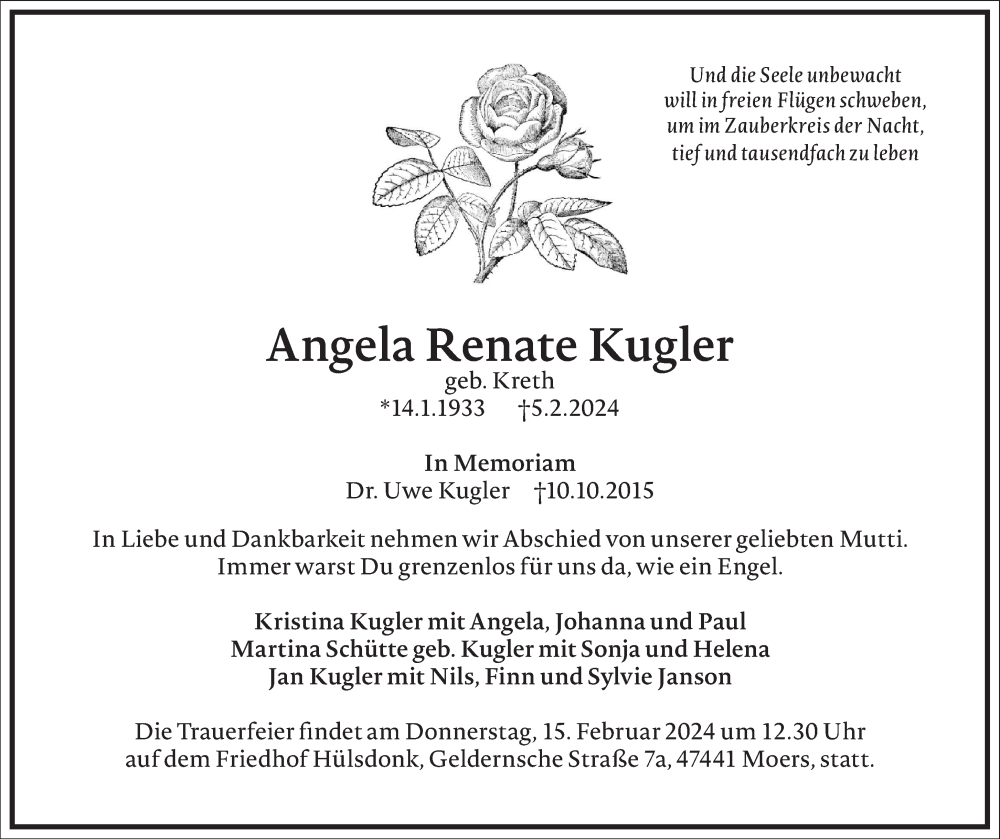  Traueranzeige für Angela Renate Kugler vom 10.02.2024 aus Frankfurter Allgemeine Zeitung