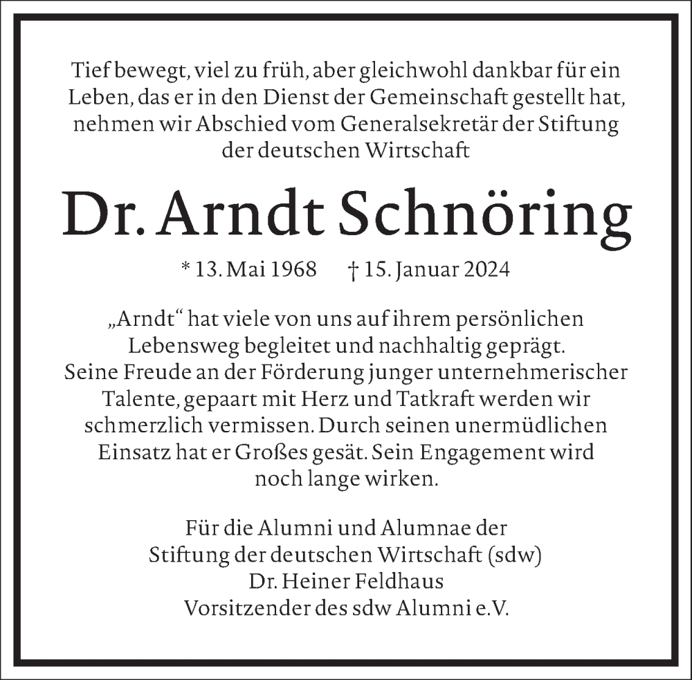 Traueranzeige für Arndt Schnöring vom 17.02.2024 aus Frankfurter Allgemeine Zeitung