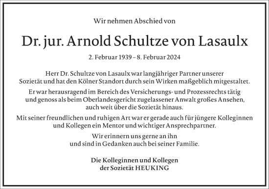 Traueranzeige von Arnold Schultze von Lasaulx von Frankfurter Allgemeine Zeitung