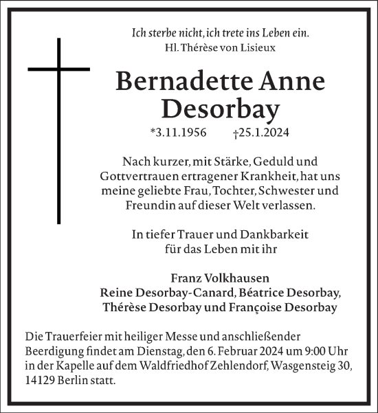 Traueranzeige von Bernadette Anne Desorbay von Frankfurter Allgemeine Zeitung