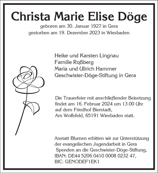 Traueranzeige von Christa Marie Elise Döge von Frankfurter Allgemeine Zeitung