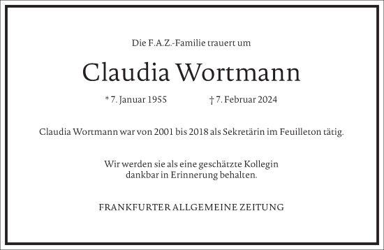 Traueranzeige von Claudia Wortmann von Frankfurter Allgemeine Zeitung