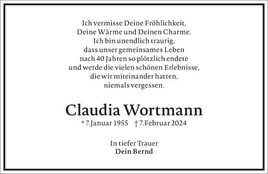 Traueranzeige von Claudia Wortmann von Frankfurter Allgemeine Zeitung