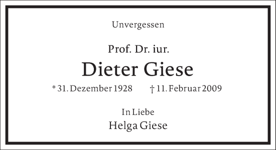 Traueranzeige von Dieter Giese von Frankfurter Allgemeine Zeitung