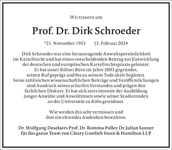 Traueranzeige von Dirk Schroeder von Frankfurter Allgemeine Zeitung