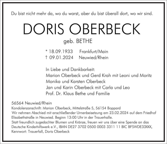 Traueranzeige von Doris Oberbeck von Frankfurter Allgemeine Zeitung