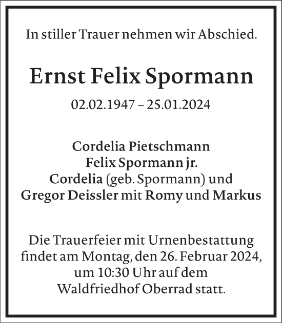 Traueranzeige von Ernst Felix Spormann von Frankfurter Allgemeine Zeitung