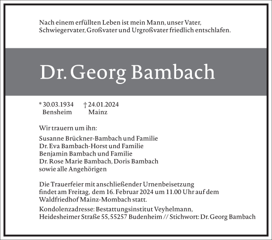 Traueranzeige von Georg Bambach von Frankfurter Allgemeine Zeitung