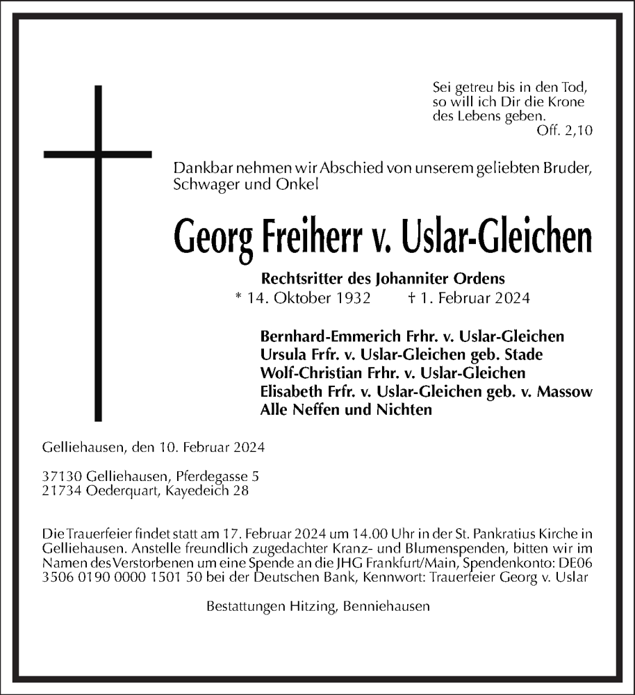  Traueranzeige für Georg Freiherr v. Uslar-Gleichen vom 07.02.2024 aus Frankfurter Allgemeine Zeitung