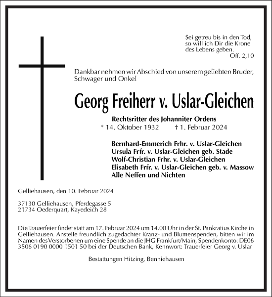 Traueranzeige von Georg Freiherr v. Uslar-Gleichen von Frankfurter Allgemeine Zeitung