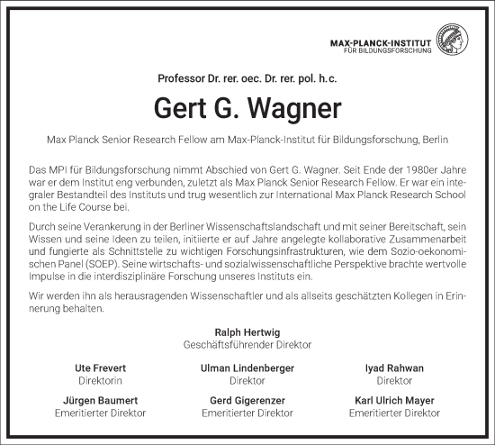 Traueranzeige von Gert G. Wagner von Frankfurter Allgemeine Zeitung