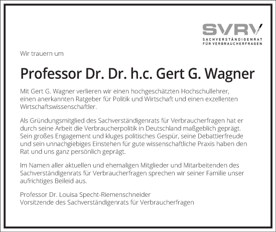 Traueranzeige von Gert G. Wagner von Frankfurter Allgemeine Zeitung