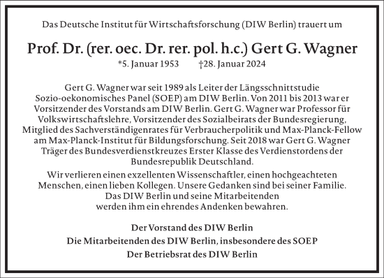 Traueranzeige von Gert G. Wagner von Frankfurter Allgemeine Zeitung