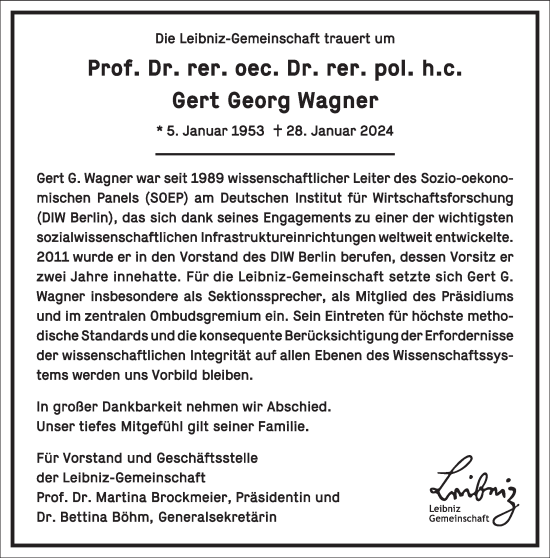 Traueranzeige von Gert Georg Wagner von Frankfurter Allgemeine Zeitung