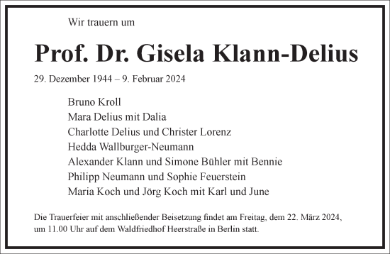 Traueranzeige von Gisela Klann-Delius von Frankfurter Allgemeine Zeitung