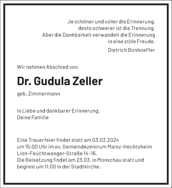 Traueranzeige von Gudula Zeller von Frankfurter Allgemeine Zeitung