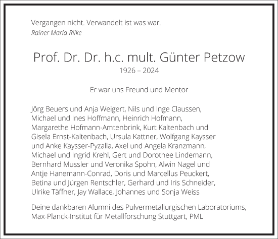 Traueranzeige von Günter Petzow von Frankfurter Allgemeine Zeitung