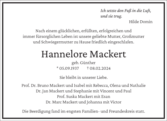Traueranzeige von Hannelore Mackert von Frankfurter Allgemeine Zeitung