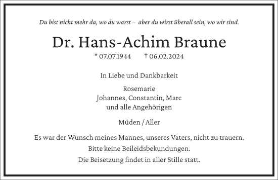 Traueranzeige von Hans-Achim Braune von Frankfurter Allgemeine Zeitung