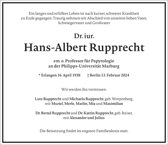 Traueranzeige von Hans-Albert Rupprecht von Frankfurter Allgemeine Zeitung