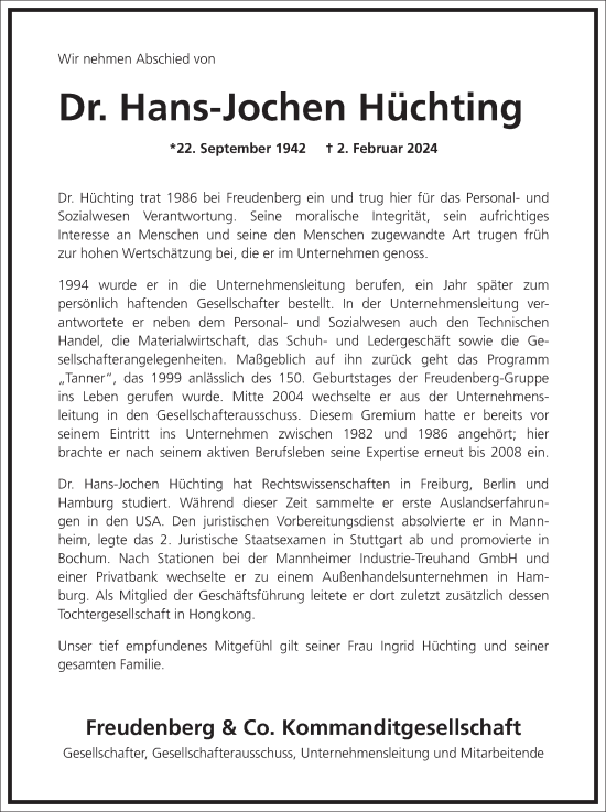 Traueranzeige von Hans Jochen Hüchting von Frankfurter Allgemeine Zeitung