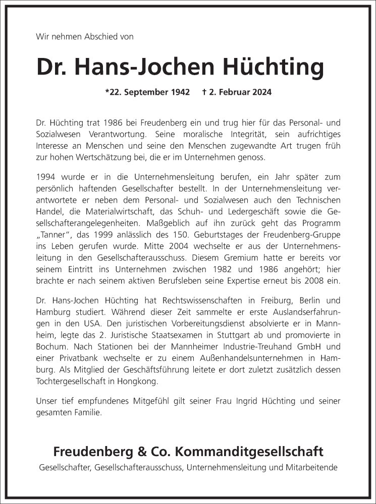  Traueranzeige für Hans Jochen Hüchting vom 10.02.2024 aus Frankfurter Allgemeine Zeitung