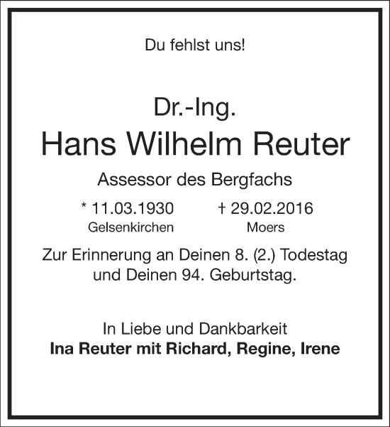 Traueranzeige von Hans Wilhelm Reuter von Frankfurter Allgemeine Zeitung