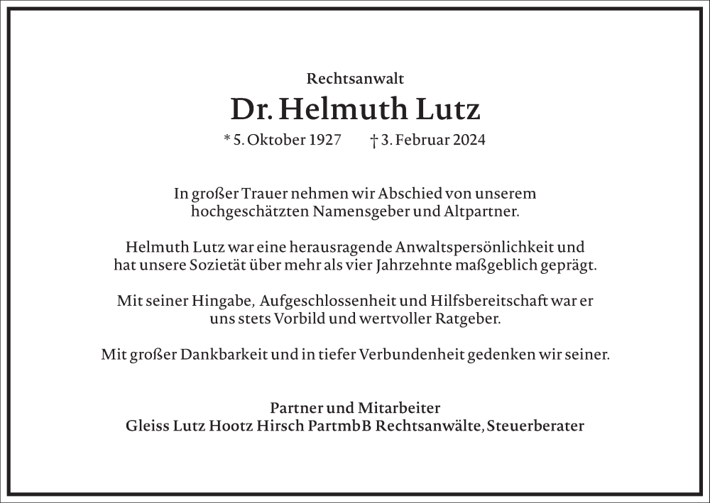  Traueranzeige für Helmuth Lutz vom 10.02.2024 aus Frankfurter Allgemeine Zeitung