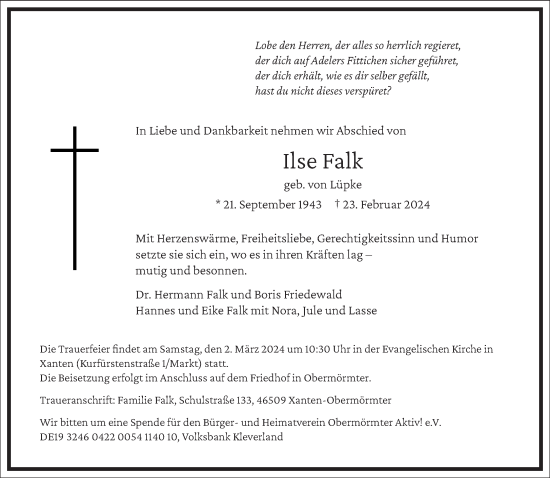Traueranzeige von Ilse Falk von Frankfurter Allgemeine Zeitung