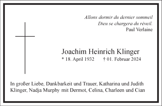 Traueranzeige von Joachim Heinrich Klinger von Frankfurter Allgemeine Zeitung