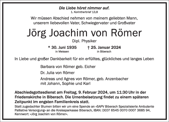 Traueranzeige von Jörg Joachim von Römer von Frankfurter Allgemeine Zeitung