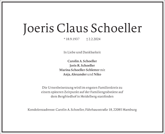 Traueranzeige von Joeris Claus Schoeller von Frankfurter Allgemeine Zeitung