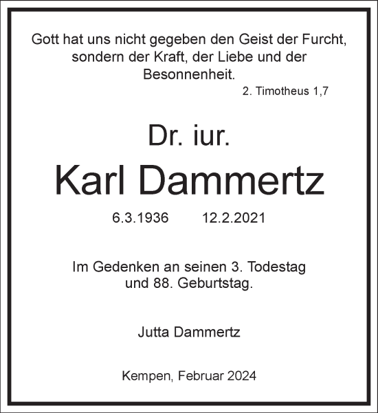 Traueranzeige von Karl Dammertz von Frankfurter Allgemeine Zeitung