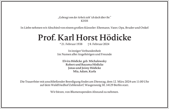Traueranzeige von Karl Horst Hödicke von Frankfurter Allgemeine Zeitung