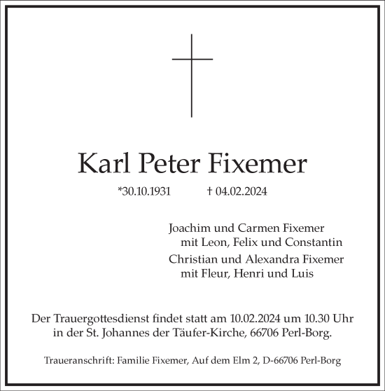 Traueranzeige von Karl Peter Fixemer von Frankfurter Allgemeine Zeitung