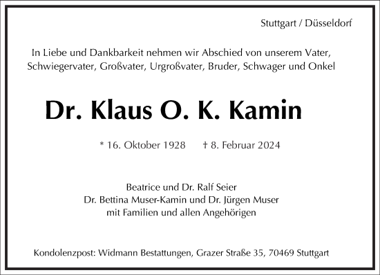 Traueranzeige von Klaus Kamin von Frankfurter Allgemeine Zeitung
