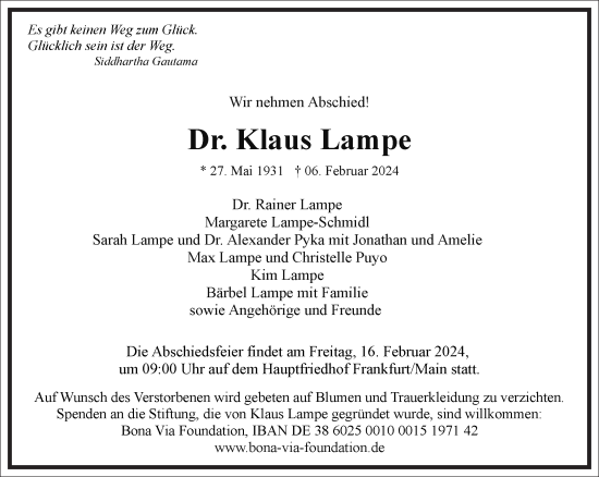 Traueranzeige von Klaus Lampe von Frankfurter Allgemeine Zeitung