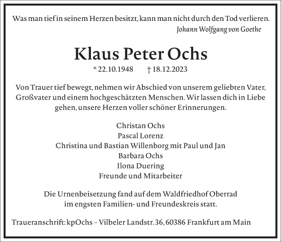 Traueranzeige von Klaus Peter Ochs von Frankfurter Allgemeine Zeitung