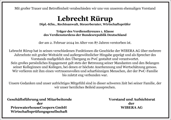 Traueranzeige von Lebrecht Rürup von Frankfurter Allgemeine Zeitung