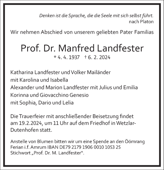 Traueranzeige von Manfred Landfester von Frankfurter Allgemeine Zeitung