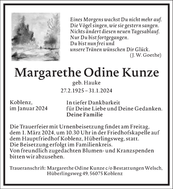 Traueranzeige von Margarethe Odine Kunze von Frankfurter Allgemeine Zeitung