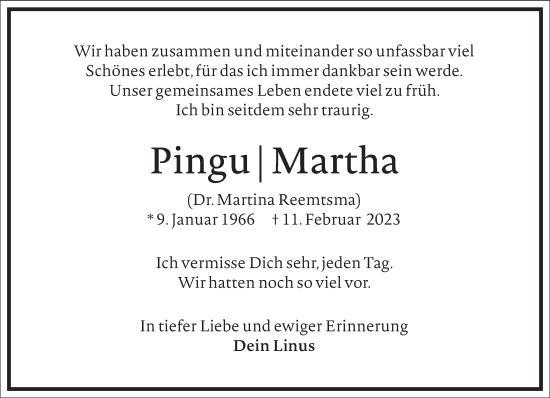 Traueranzeige von Martina Reemtsma von Frankfurter Allgemeine Zeitung