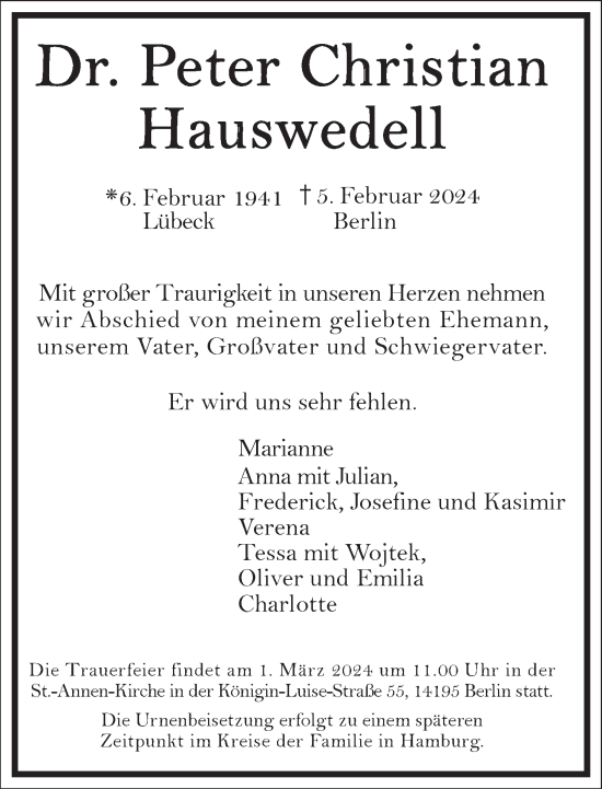 Traueranzeige von Peter Christian Hauswedell von Frankfurter Allgemeine Zeitung