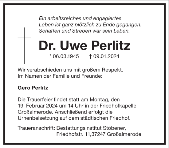 Traueranzeige von Uwe Perlitz von Frankfurter Allgemeine Zeitung