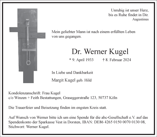 Traueranzeige von Werner Kugel von Frankfurter Allgemeine Zeitung