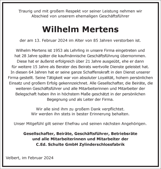 Traueranzeige von Wilhelm Mertens von Frankfurter Allgemeine Zeitung