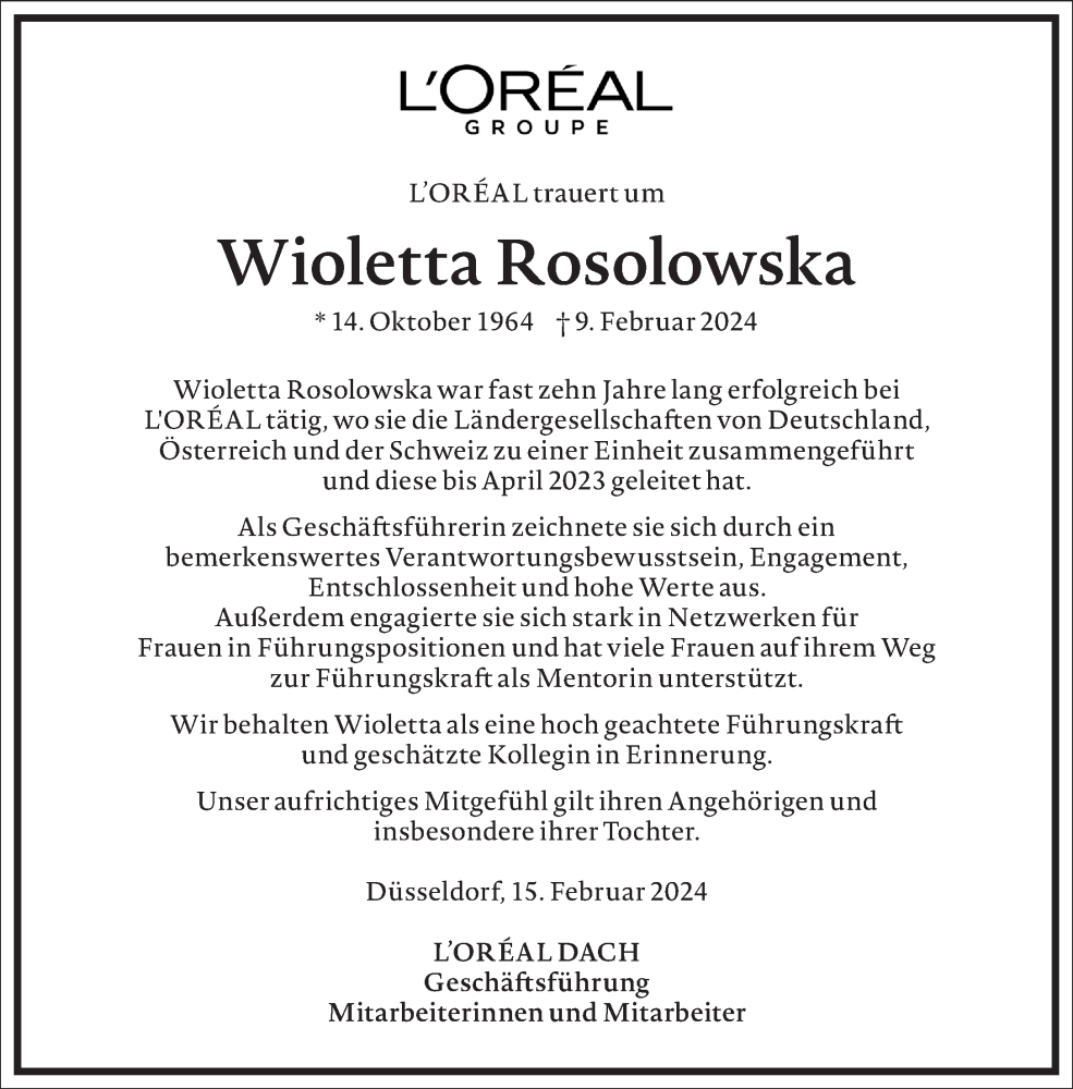  Traueranzeige für Wioletta Rosolowska vom 17.02.2024 aus Frankfurter Allgemeine Zeitung